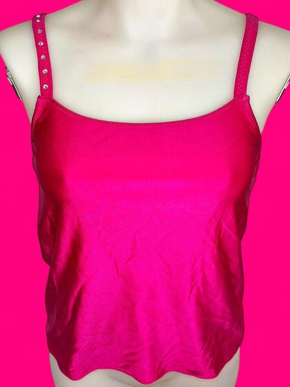Metallic reflective hot pink spaghetti strap cami with rhinestone straps.